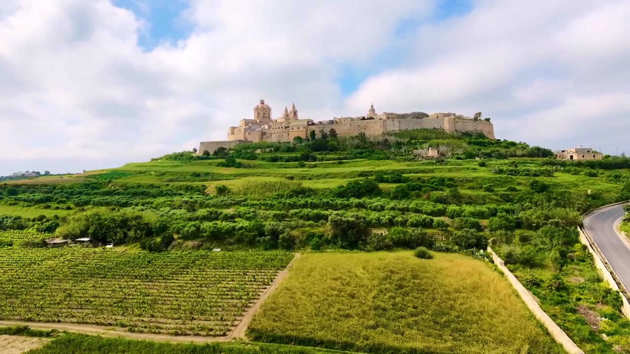 Vue aérienne par drone de Mdina, Malte, s'élevant au-dessus de la campagne verdoyante et du paysage environnant. Vue surélevée de la ville historique et du terrain méditerranéen