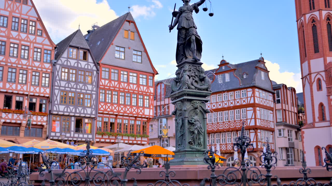 The Fountain of Justice in Romerberg historical market square in Frankfurt, Germany