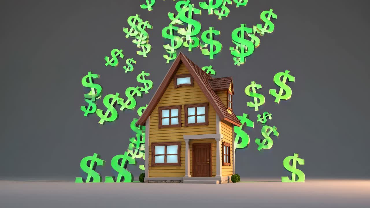 A video still shows a 3D house with floating dollar signs, captured from a low angle