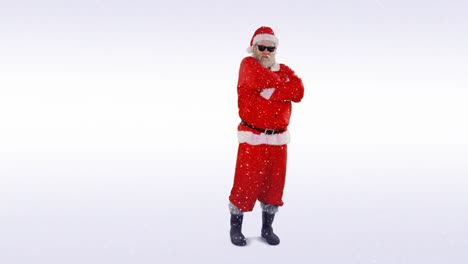 Animación-De-Nieve-Cayendo-Y-Papá-Noel-Con-Gafas-De-Sol-Sobre-Fondo-Blanco.