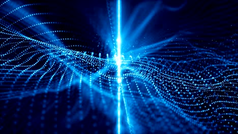 Abstract digital sparkling blue particles wave flow and light motion background