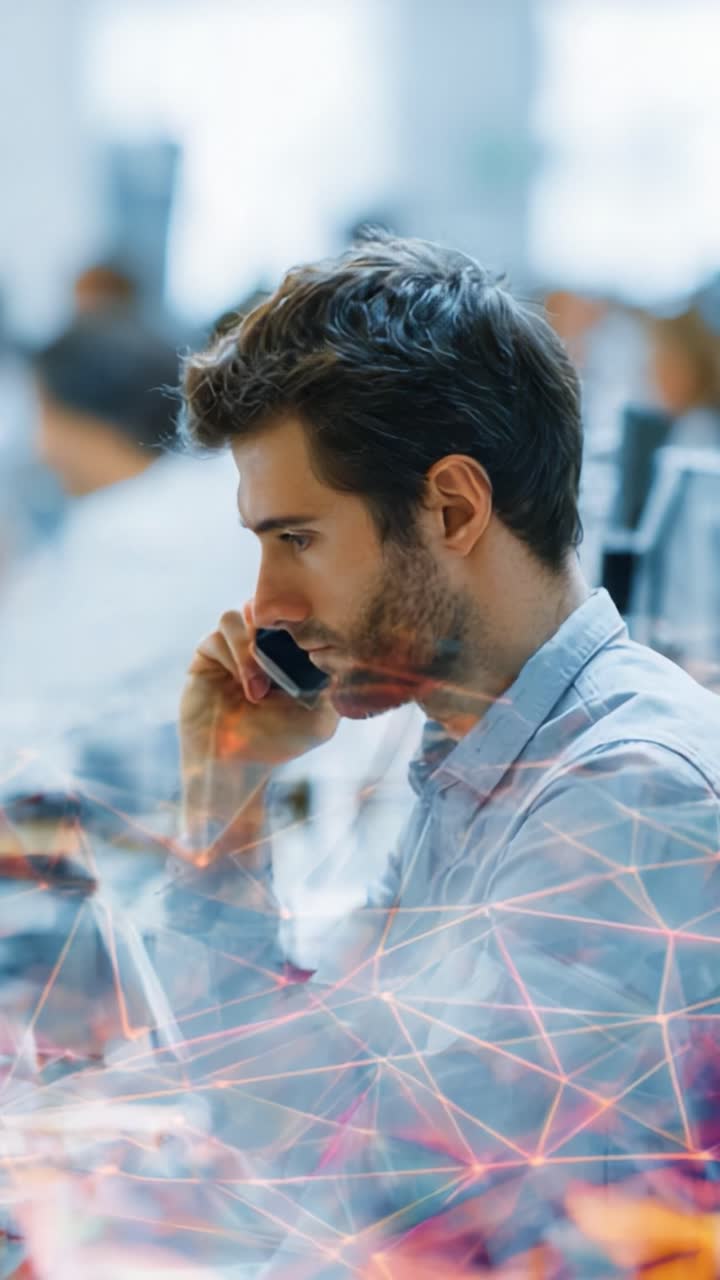Focused Professional Engaged in Important Phone Call Amidst Dynamic Office Environment, Showcasing Modern Communication and Digital Connectivity Concepts
