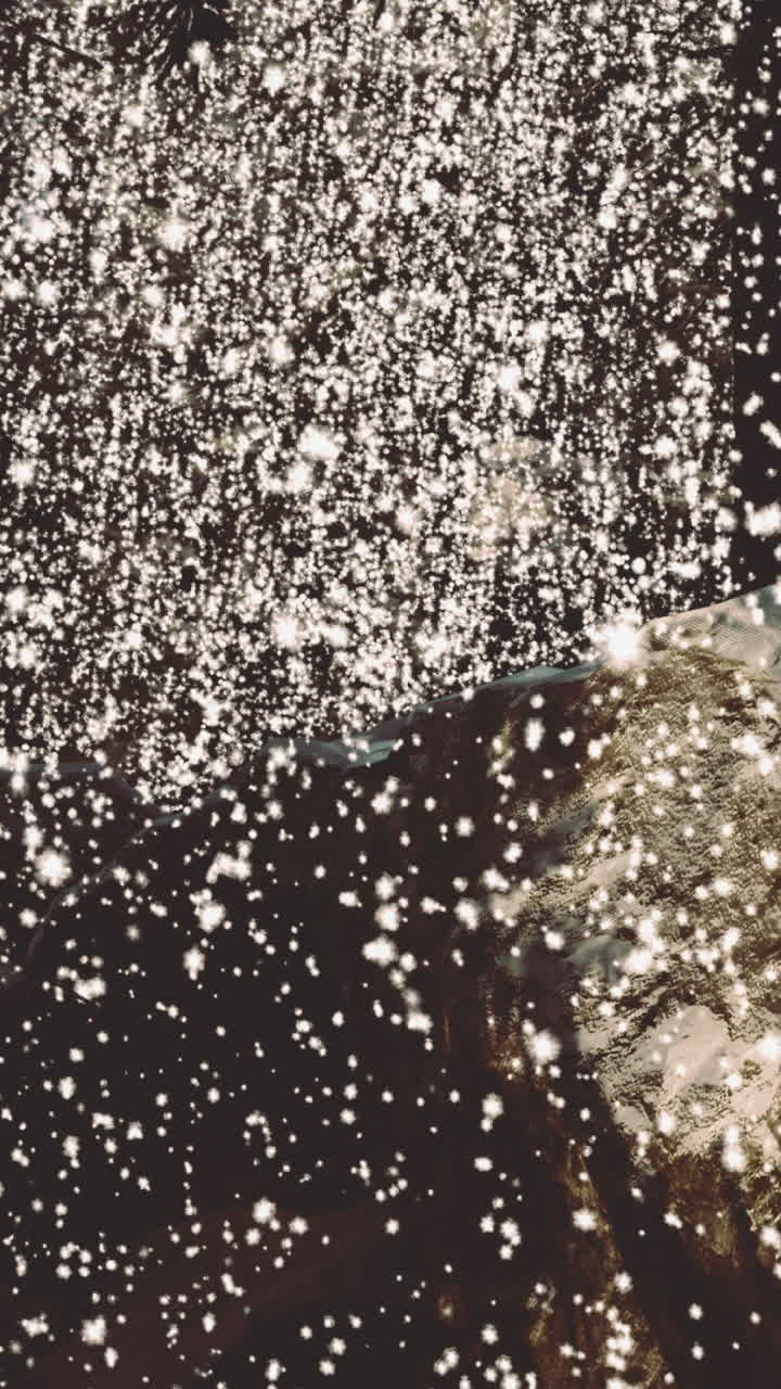 Neve che cade su un terreno roccioso in un'area boschiva al crepuscolo in inverno