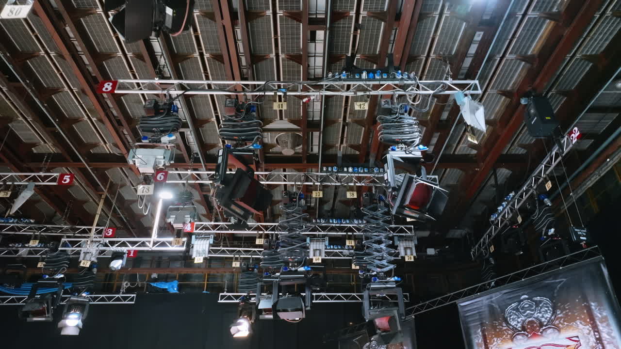 Studio lights equipment on the ceiling of a TV set