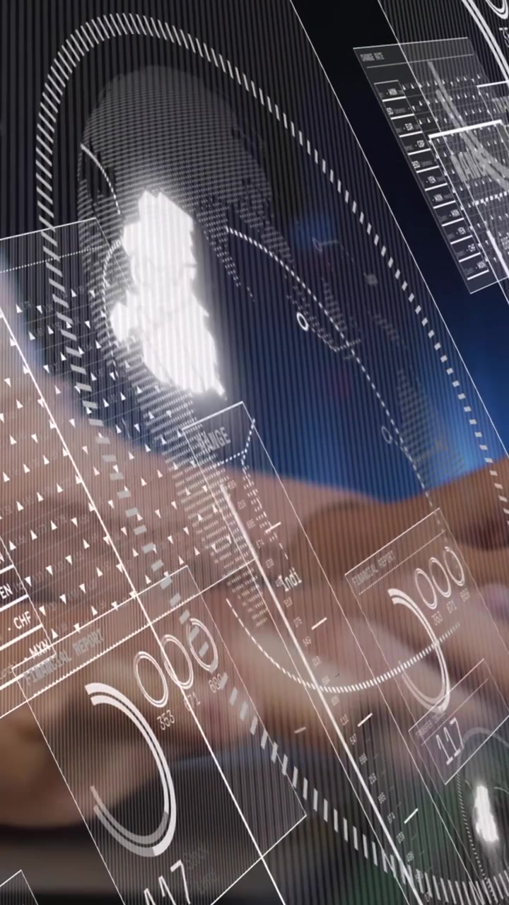 Animation of data processing over hands of caucasian woman working on laptop