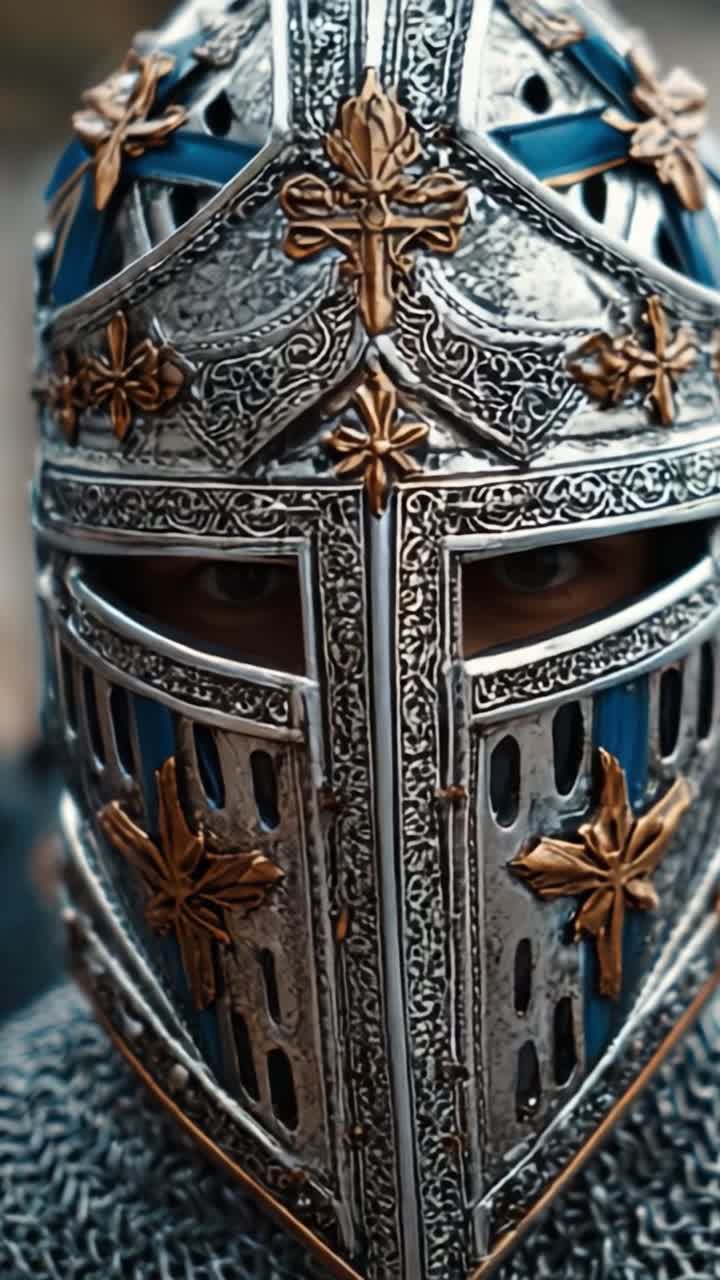 Un gros plan d'un casque de chevalier orné, présentant des motifs complexes et des accents métalliques, capturant l'essence de l'armure historique et de la valeur chevaleresque