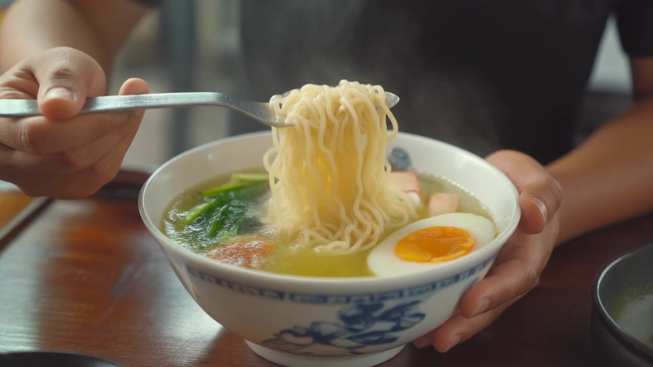 Persona che versa il brodo e solleva i noodles da una ciotola di ramen