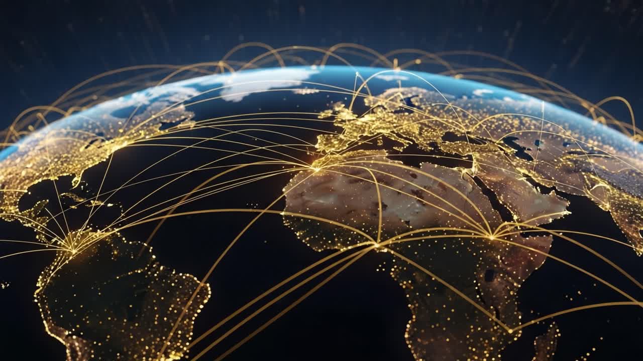 A Stunning Visualization of Global Connectivity through Digital Networks, Depicting the Flow of Data and Information Across Continents in a Realistic Satellite View