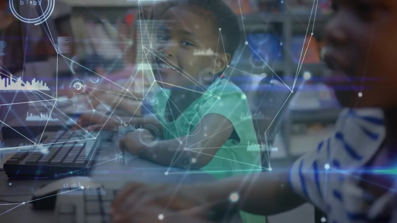 Animation of network of connections over diverse schoolchildren using computers in classroom
