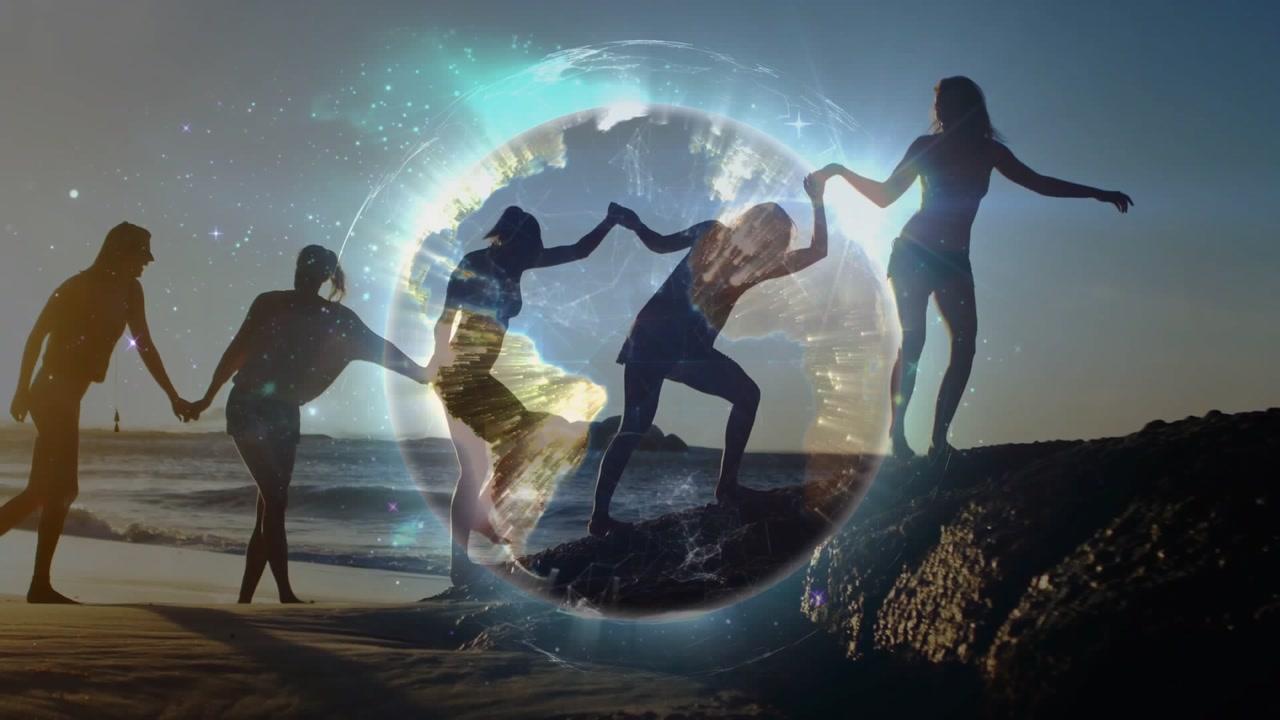 Lead woman reaching rock and pulling friends up while tech globe emerging showing network lines