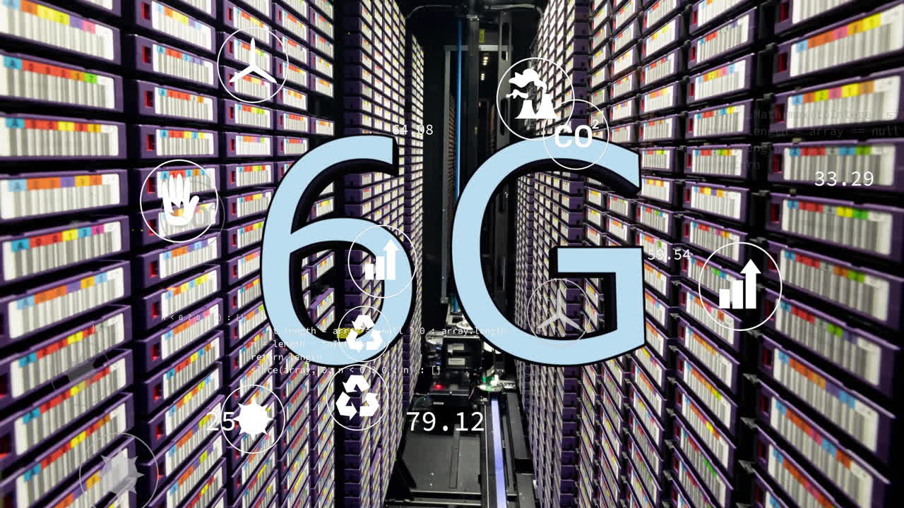 animación de iconos de ecología y procesamiento de datos con texto 6g a través de la sala del servidor