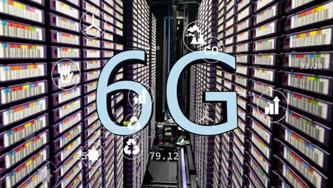 animation of ecology icons and data processing with 6g text over server room