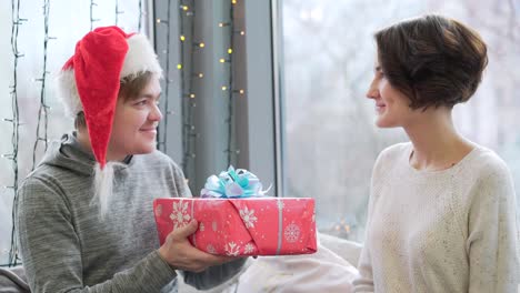 couple exchanging christmas gifts by the window