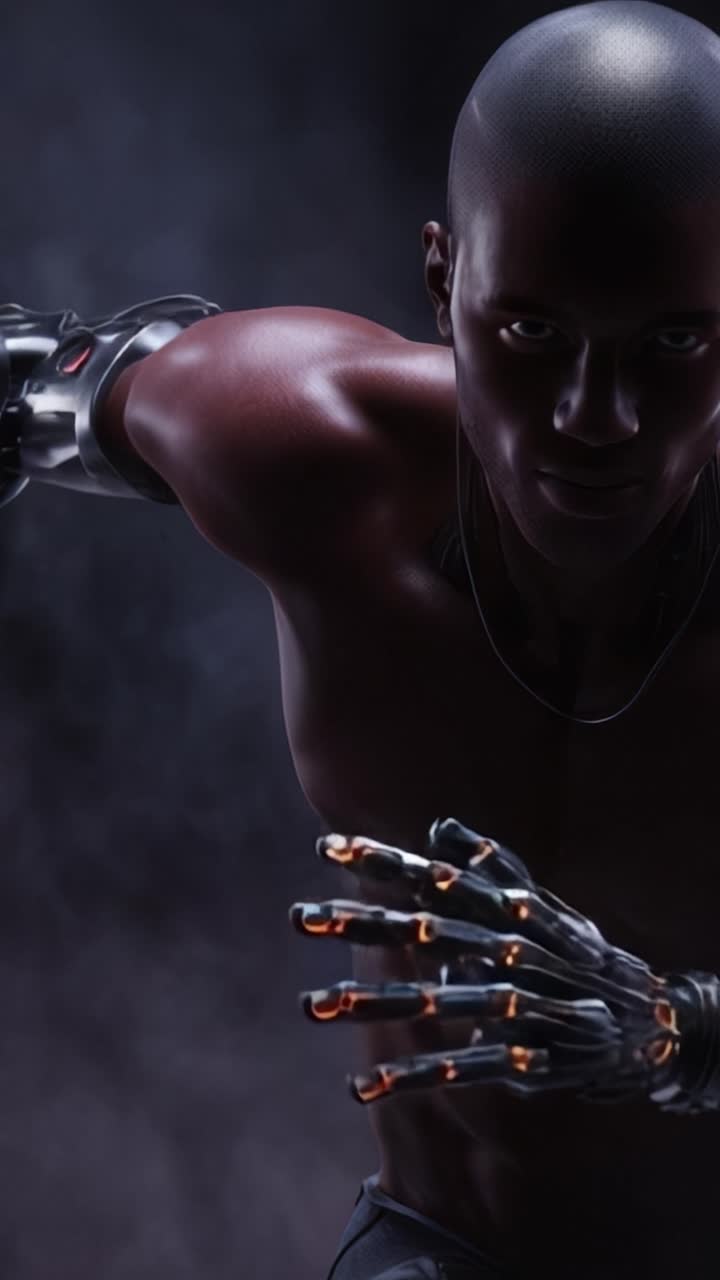 A dynamic portrayal of a humanoid figure showcasing advanced cybernetic features and muscular physique, emphasizing strength and technology in a dark, atmospheric setting