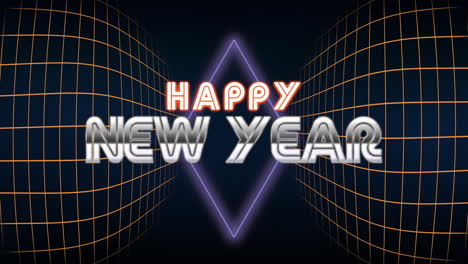 Retro-Happy-New-Year-text-with-neon-diamond-and-grid-in-dark-galaxy