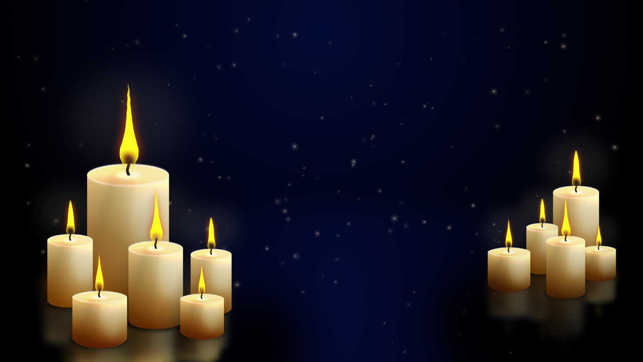 Groups of decorative paraffin candles with flickering flames. Dark festive animated blue background with blurred particles. Looped motion graphics.