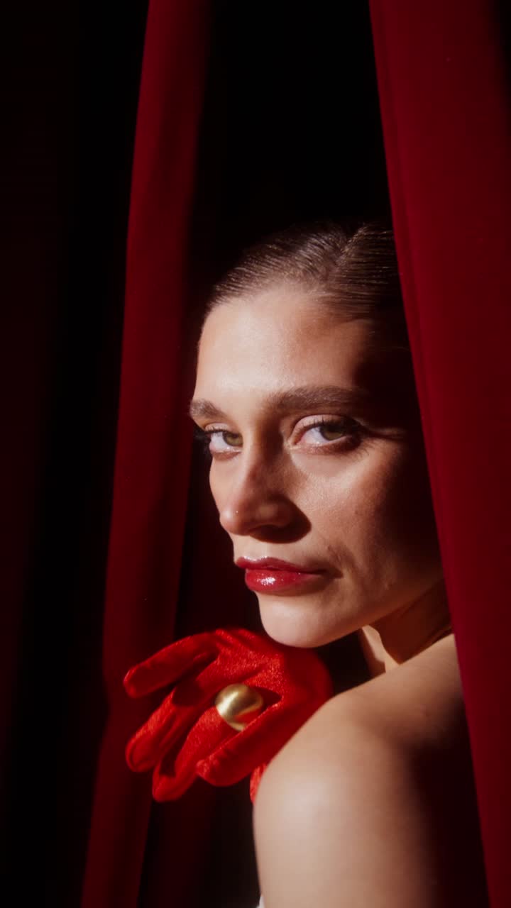 Woman in Profile with Red Curtains