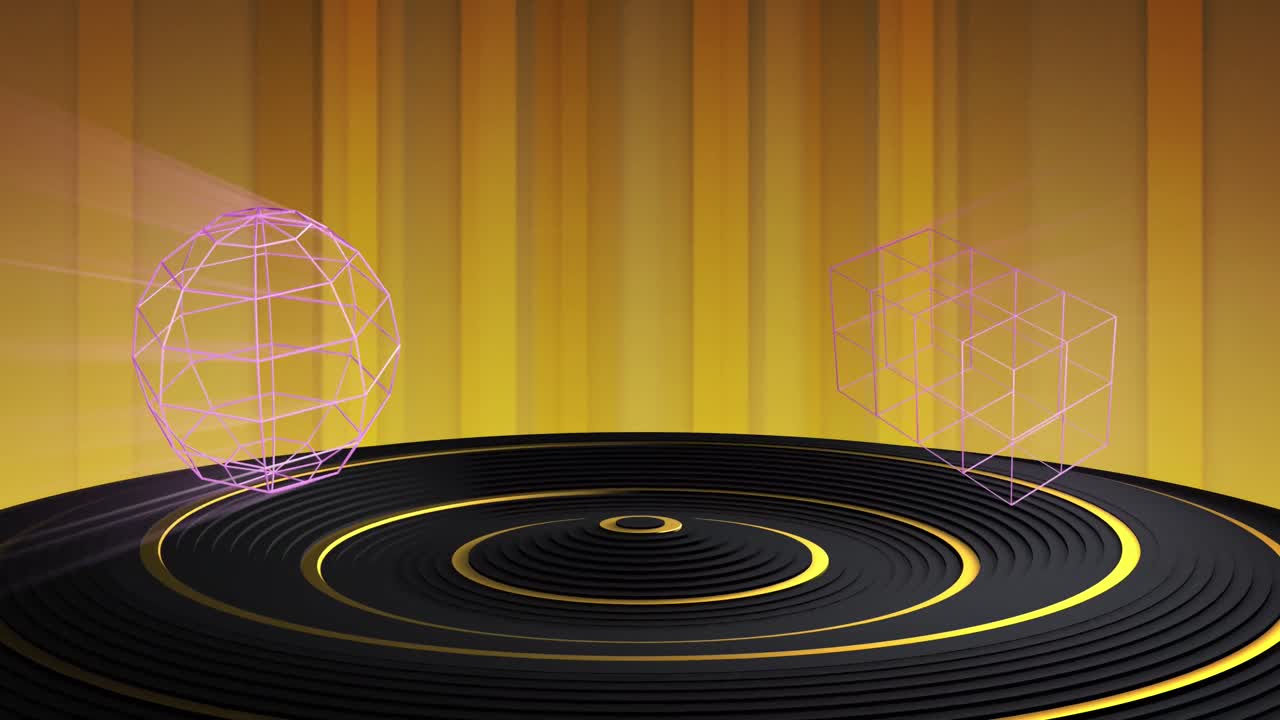 animación de formas geométricas 3d sobre podio negro y dorado y fondo dorado