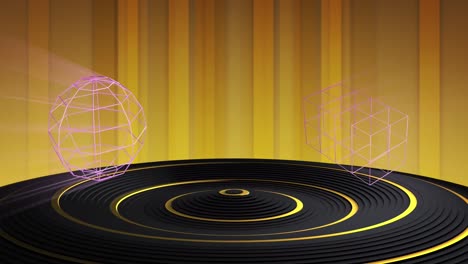 animation of 3d geometric shapes over black and gold podium and gold background