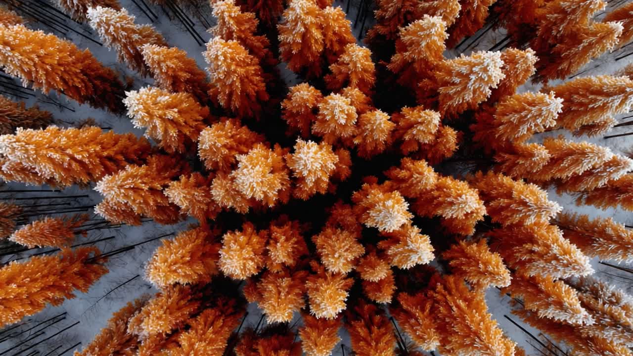 Aerial View of Vibrant Autumn Forest Showcasing Orange and Frosty Trees in a Winter Wonderland, Capturing the Beauty and Contrast of Nature's Seasonal Transformation