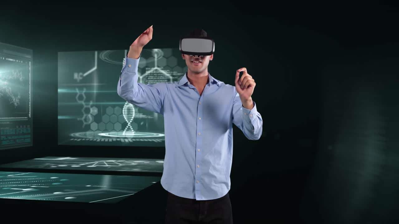 Animazione di un uomo d'affari che indossa un visore VR su schermi con elaborazione di dati medici.