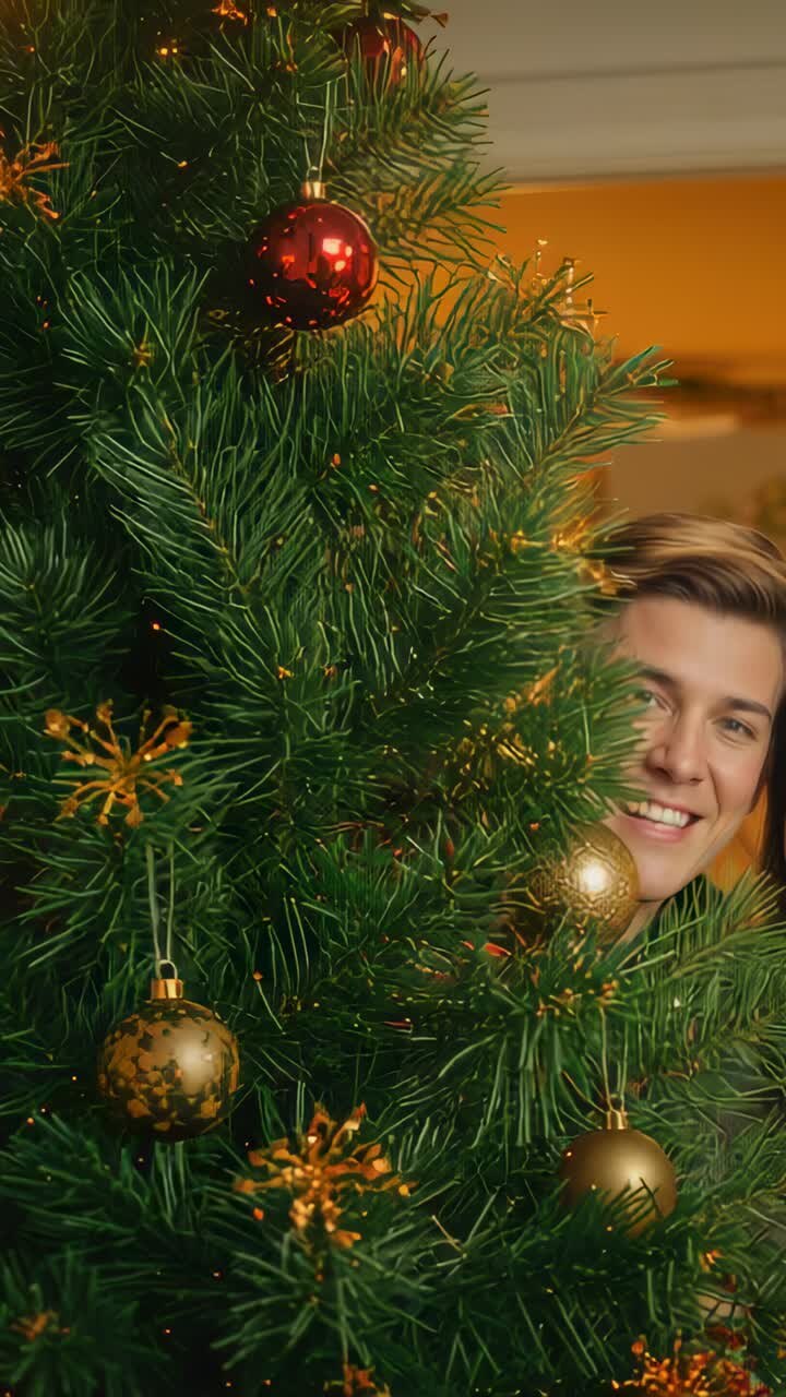 Vertical video: Peeking man blinking and tilting behind Christmas tree for greeting, copy space