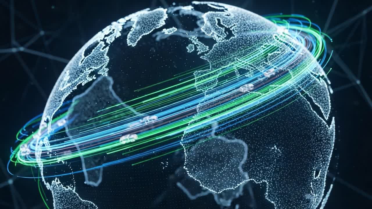 A Stunning Visual Representation of Global Connectivity and Technological Advancement, Featuring an Artistic Interpretation of the Earth with Dynamic Neon Trails Across Continents