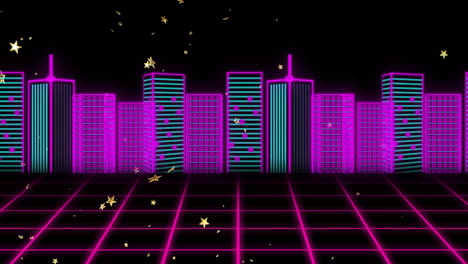3d neon wireframe skyscrapers rising in retro future grid converging, star confetti drifting