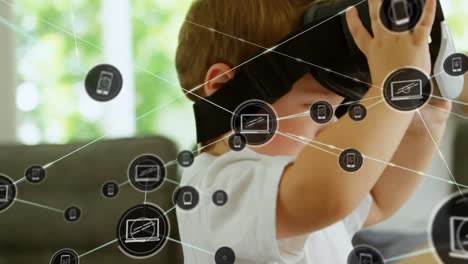 Animation-of-network-of-connections-over-caucasian-boy-using-vr-headset