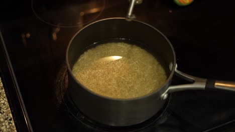 rice and beans simmering in a saucepan with oil on a stovetop in a home kitchen