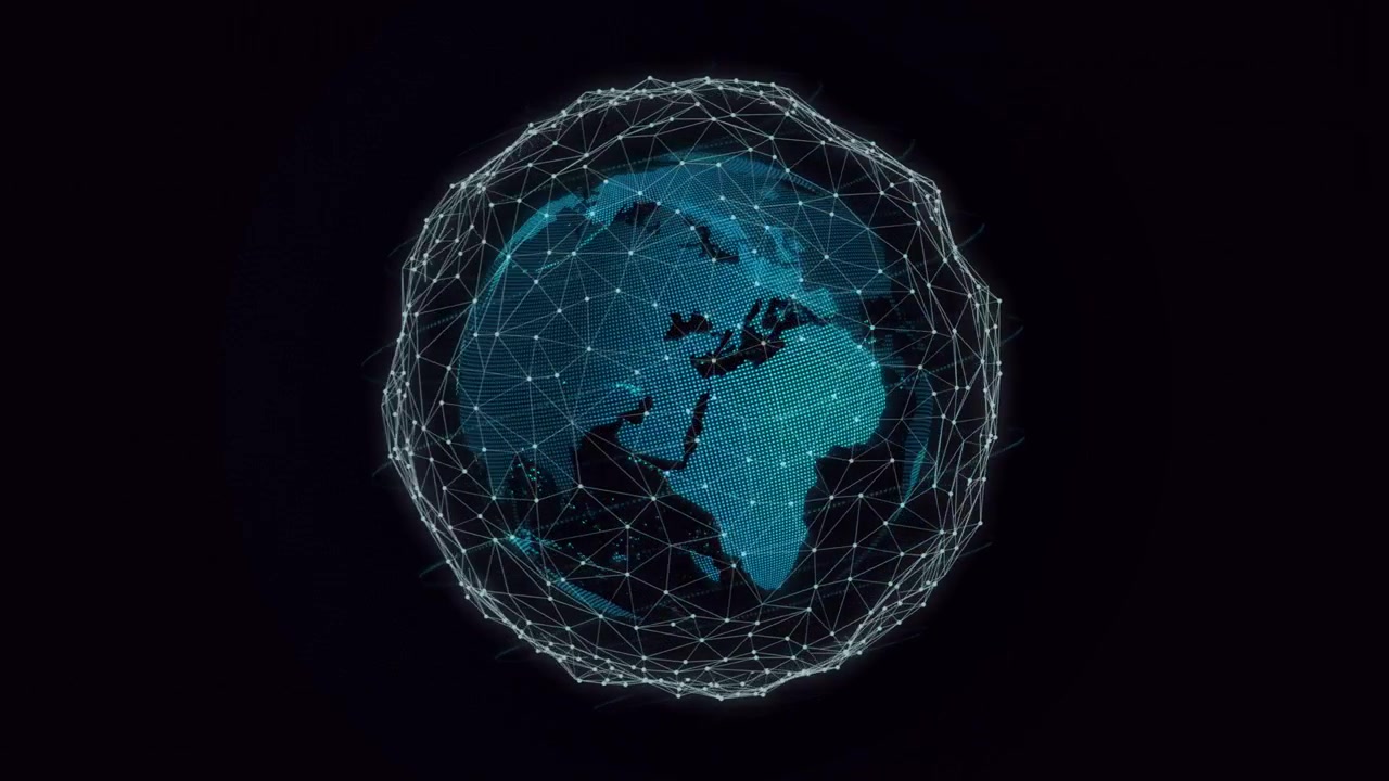 Digital globus roterer, afslører kontinenter, mens et pulserende netværksweb viser forbindelse.
