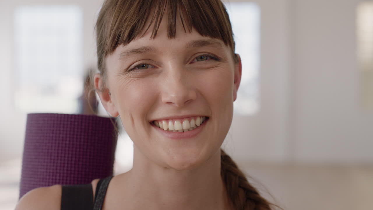 portrait beautiful caucasian woman laughing enjoying yoga class practicing healthy lifestyle in fitness studio