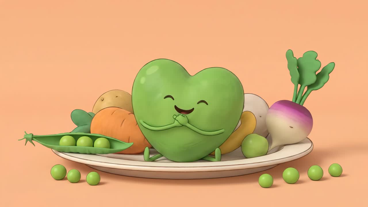 新鮮な野菜を持った、かわいいアニメーションの緑色のハートのキャラクター