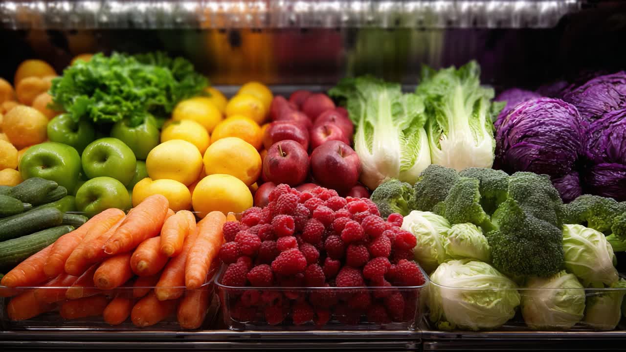 A Vibrant Display of Fresh Fruits and Vegetables: A Colorful Arrangement of Produce Including Green Leafy Vegetables, Bright Citrus, Juicy Berries, and Crunchy Carrots