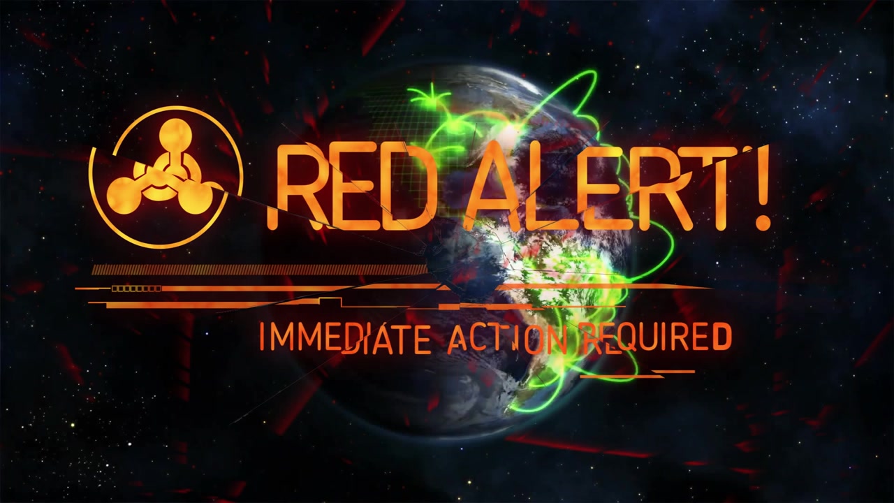 Lit globe rotating in star field, neon green arcs encircling and bold orange alert text flashing