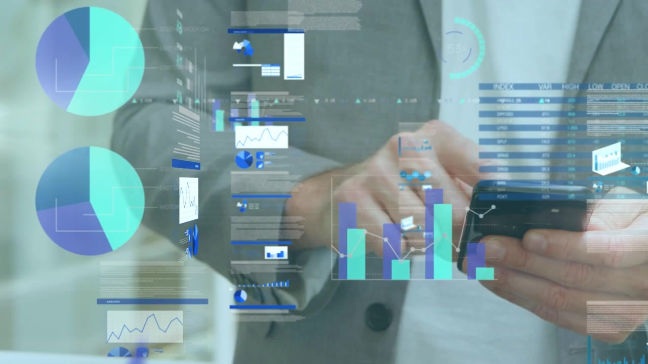 Animación de estadísticas y procesamiento de datos sobre un hombre caucásico usando un smartphone