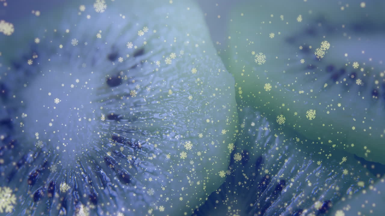Creating festive winter theme, kiwi slices with snowflakes animation in background
