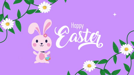 feliz tarjeta animada de pascua con conejo y flores