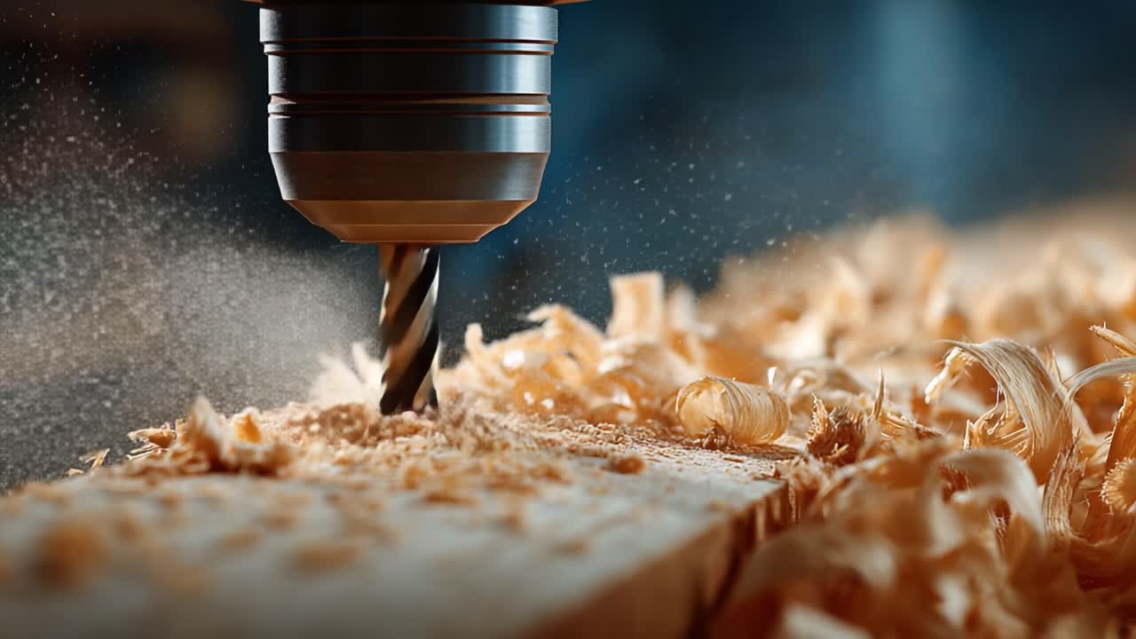 Primo Piano Di Una Punta Da Trapano In Azione Che Crea Trucioli Di Legno Durante La Foratura Di Precisione Su Una Tavola, Mostrando Maestria E Attenzione Ai Dettagli Nella Lavorazione Del Legno