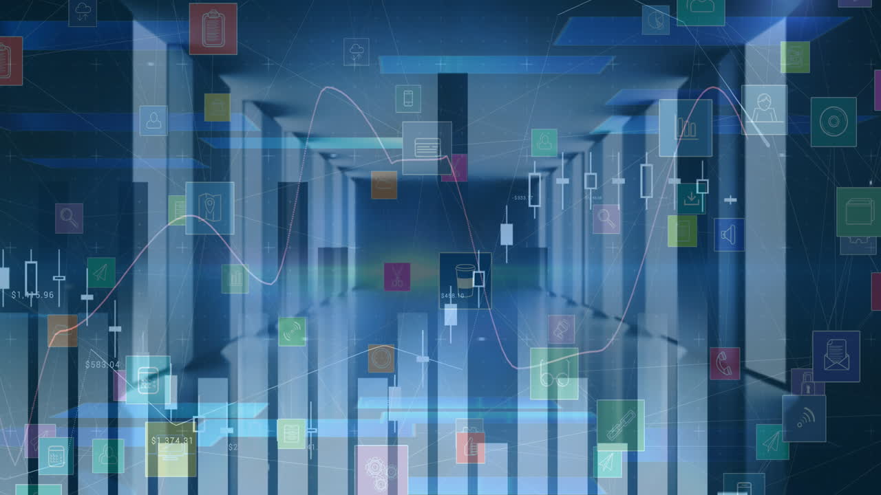 Animation of statistics and data processing and icons over office