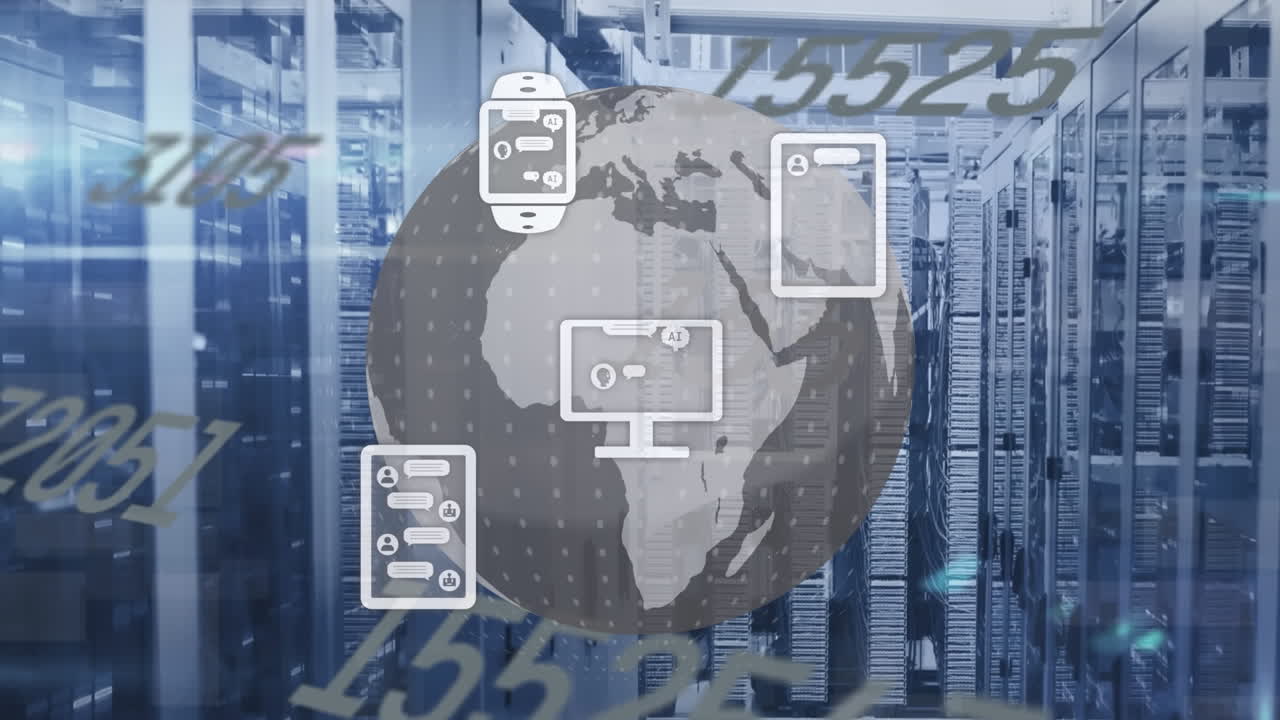animación de múltiples números cambiantes e iconos digitales sobre el globo giratorio contra la sala del servidor