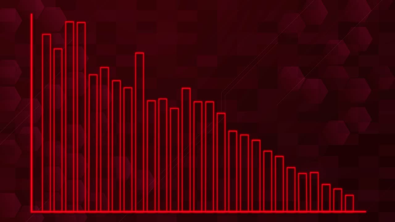 Red bar graphs animate upward on a dark hexagonal digital grid, smooth transitions, futuristic style