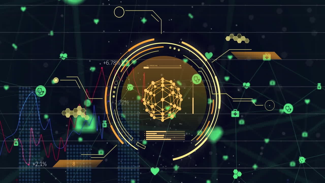 Animation of circular scanner over global network and processing data on black background