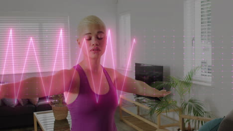 animation of heart monitor over biracial woman exercising at home