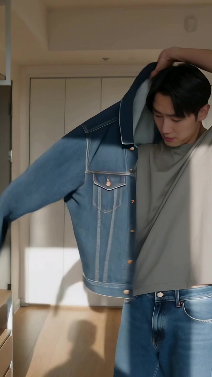 Video verticale: Uomo asiatico che si protende per prendere una giacca di jeans piegata e la indossa nell'ingresso dell'appartamento