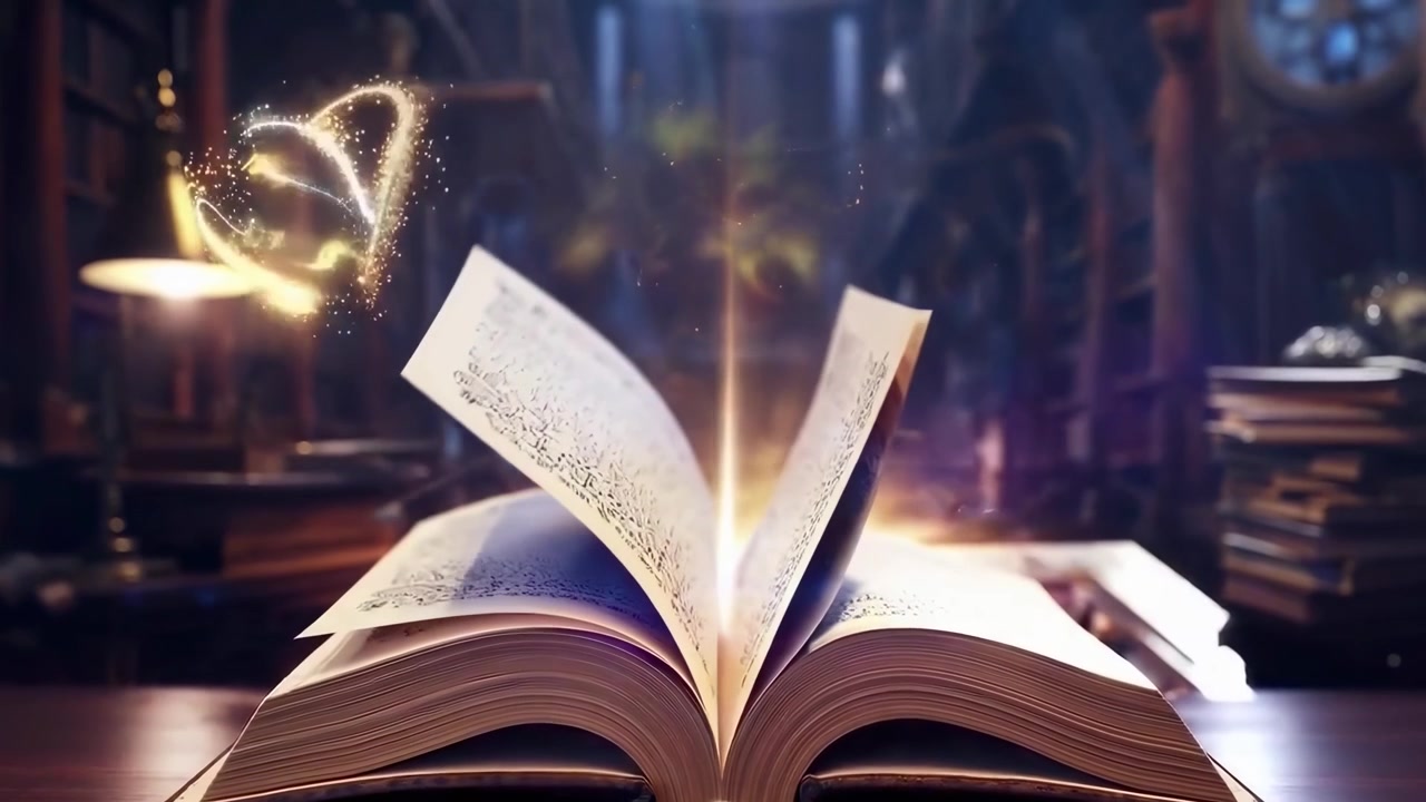 Libro aperto magico con luce brillante e simboli animati