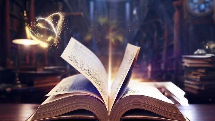 Libro aperto magico con luce brillante e simboli animati