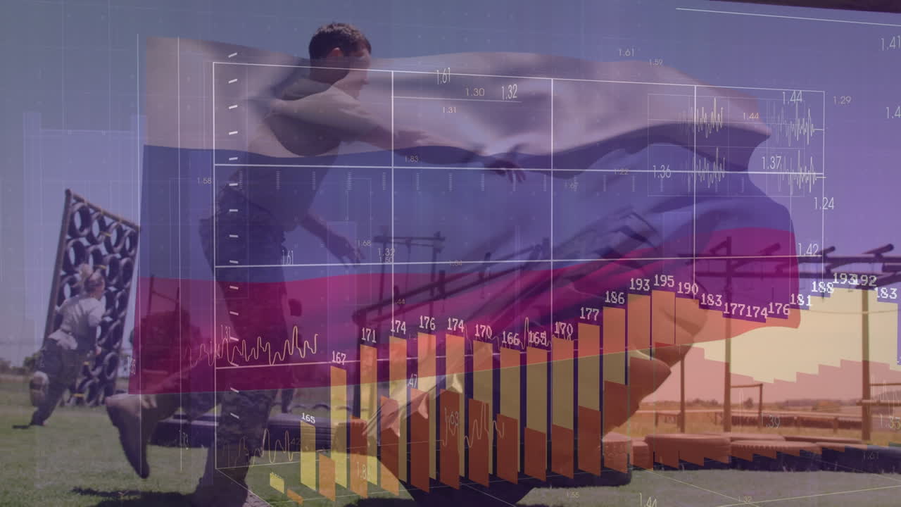 animación del procesamiento de datos sobre la bandera de rusia y varios soldados