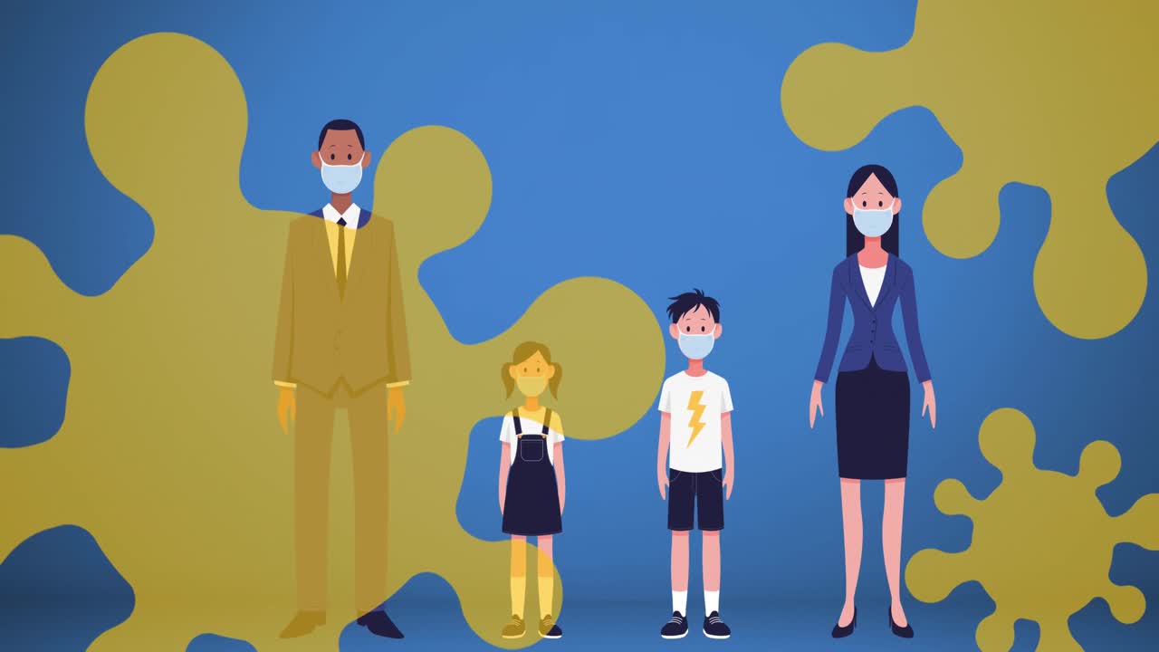 코로나19 세포 아이콘이 파란색 배경에 마스크를 쓰고 있는 가족을 가리키고 있습니다.
