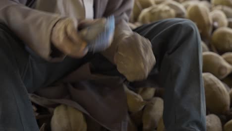 cleaning baobab fruit with a course brush before processing